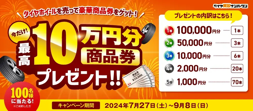 タイヤ買取ナンバーワン 最高10万円分 商品券 プレゼントキャンペーン